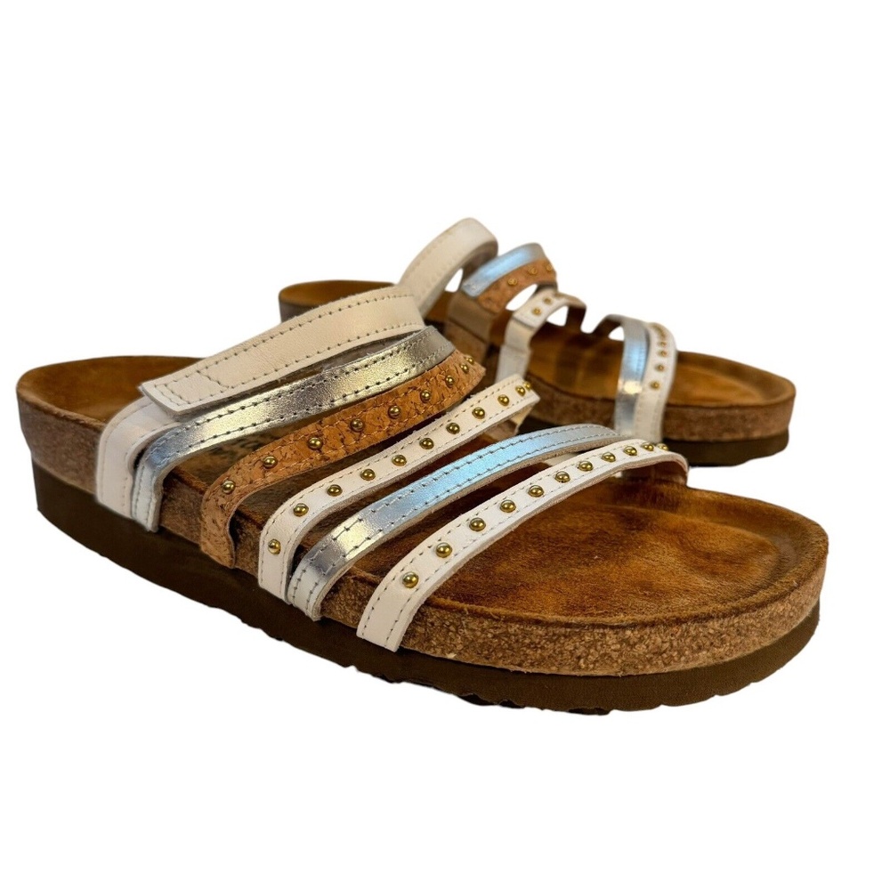 Naot Prescott Sandals Women's Sz 38 7 Tan White Leather Strappy Cork Slide Wedge
